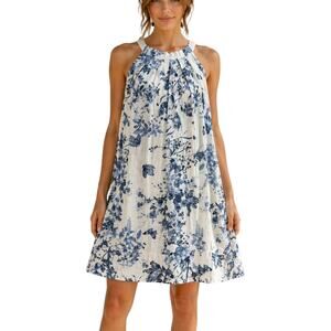 Italian Linen Trapeze Dress Ecru Blue Toile Floral Tie Neck Lined S/M Resort